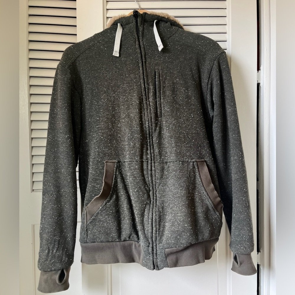 Hoodlamb‎ Hemp Faux Fur Lined Hoodie Jacket Full Zip Pockets Olive Green | SZ L